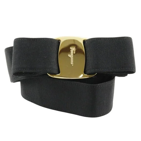 Salvatore Ferragamo Vala Ribbon belt 8046 Black / Gold Hardware canvas/Pla...